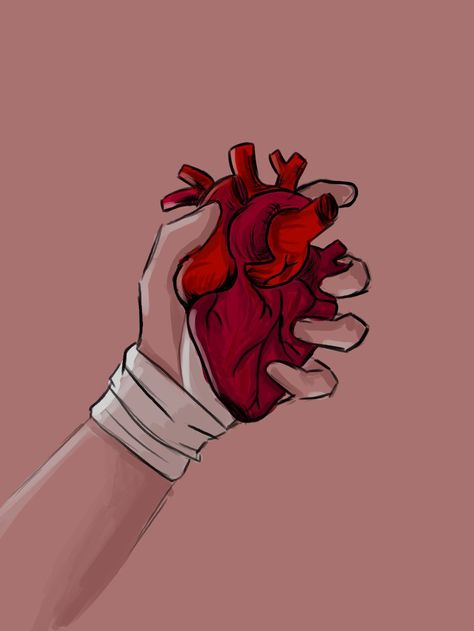 Hand Holding Object Drawing, Half Heart Drawing, Holding Heart In Hand, Human Heart In Hand, Heart With Bandages, Holding Heart Reference, Hand Holding Heart Drawing, Guilt Drawing, Hand Holding Heart