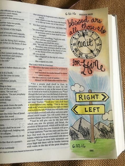 Isaiah 30:18--Wait for the Lord   Isaiah 30:21--This is the Way #biblejournaling Isaiah 13, Isaiah Bible, Isaiah 30, New Bible, Bible Journal Notes, Bible Journaling Ideas Drawings, Prayer Room, Illustrated Faith, Scripture Journaling