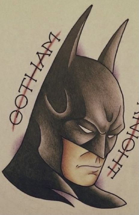 Batman American Traditional Tattoo, Old School Joker Tattoo, Marvel Traditional Tattoo, Batman Traditional Tattoo, Dc Comics Art Tattoo Ideas, Batman Portrait Tattoo, Vintage Tattoo Art, Comic Tattoo, Batman Tattoo