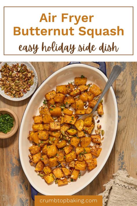 Air Fryer Butternut Squash is seasoned with herbs, spices and maple syrup and air fried until tender. Enjoy it as squash cubes or squash halves for an easy and delicious side dish! Seasoning For Butternut Squash, Butternut Squash Air Fryer, Squash Air Fryer, Air Fryer Butternut Squash, Easy Holiday Side Dishes, Vegan Holiday Recipes, Gluten Free Vegan Recipes, Butternut Squash Recipes, Herbs Spices