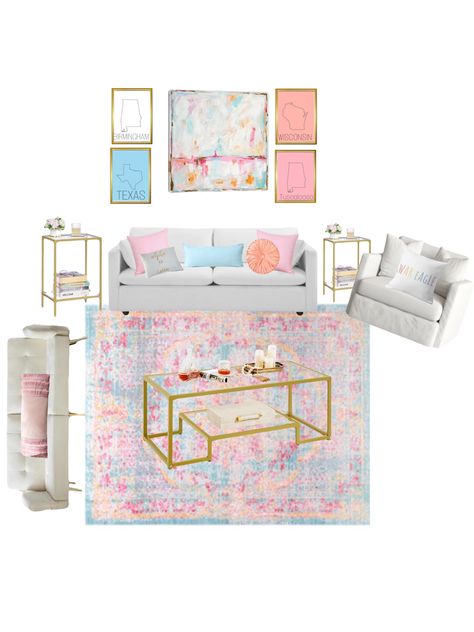 Living Room Dorm Decor, Preppy Living Room Ideas, Blue Pink And Yellow Bedroom, Light Pink And Blue Room, Pink Blue Orange Aesthetic Living Room, Pastel Color Dorm Room, Dorm Inspo Blue, Dorm Inspiration Pink, Blue Pink Dorm Room