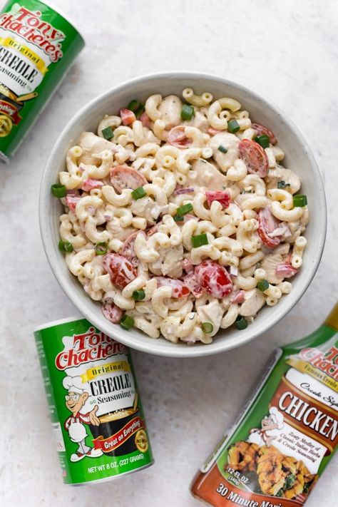 A bowl of delicious Cajun macaroni salad made with Tony Chachere's Original Creole Seasoning and Tony's 30 Minute Chicken Marinade. Cajun Pasta Salad, Homemade Dressings, Minute Chicken, Pasta Salad Ingredients, Summer Potluck, Cajun Pasta, Creamy Dressing, Chicken Marinade, Creole Seasoning