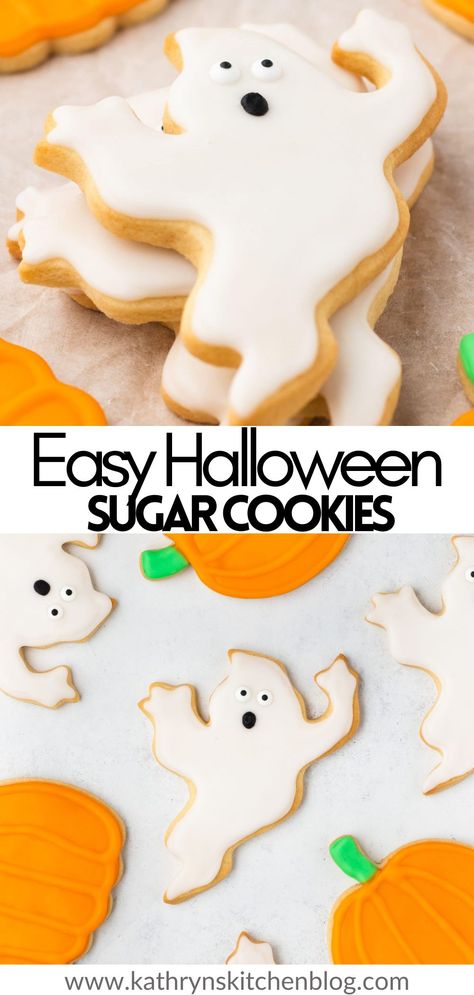 Decorated Halloween Sugar Cookies (Soft & Chewy Recipe) Ghost Sugar Cookies, White Royal Icing, Easy Sugar Cookie Recipe, Halloween Sugar Cookies Decorated, Making Sugar Cookies, Cookie Recipes Decorating, Halloween Cookie Recipes, Sugar Cookie Recipe Easy, Halloween Sugar Cookies