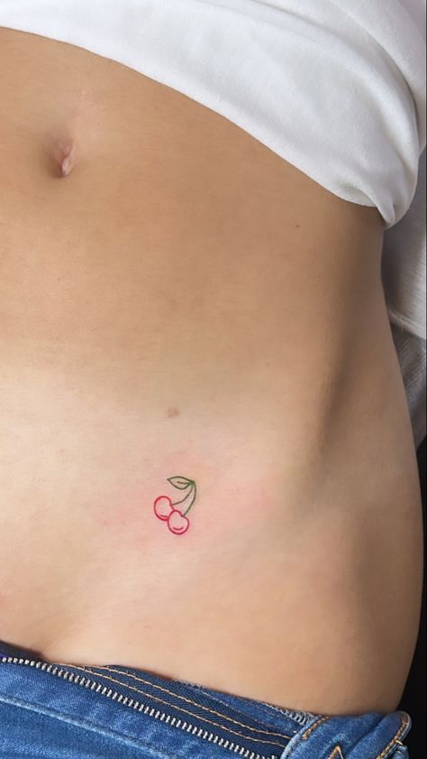 Tramp Stamp Ideas Simple, Cherry Hip Tattoo, Little Cherry Tattoo, Cherry Tattoo Small Simple, Good Days Tattoo, Matching Tiny Tattoos, Tiny Cherry Tattoo, Small Cherry Tattoo, Dainty Hip Tattoos