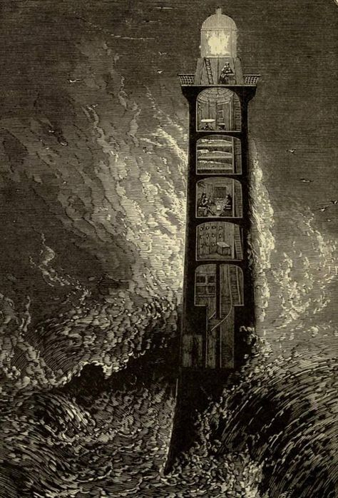 Illustration from R.M. Ballantyne - The Lighthouse (1900) Inside Of A Lighthouse, Mermaid Lighthouse, Ancient Lighthouse, Lighthouse Plans, Ocean Academia, Lighthouse Project, Ender Man, House Greyjoy, The Tower Tarot