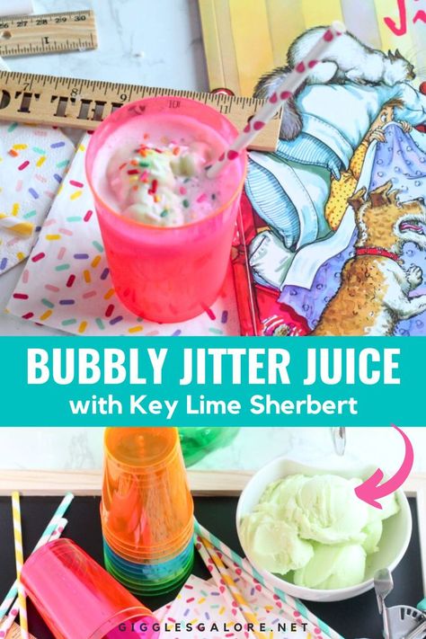 Back-to-School Jitter Juice Drink With Text Reading: Easy Back-to-School Jitter Juice Drink Recipe. Jitter Juice Recipe, Jitter Juice, Lime Sherbert, Italian Themed Parties, Diner Party, Italian Party, Creative Party Ideas, Recipe For Kids, Juice Recipe