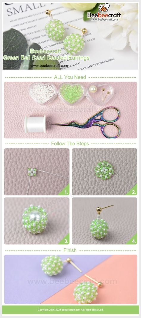 #Beebeecraft Green Ball Seed Beaded #Earrings. They're a stylish accessory for free-spirited individuals! 🌼💚 Seed Beaded Earrings, Beaded Ball, Diy Jewelry Earrings, Wire Wrapping Diy, Wire Wrapped Jewelry Diy, Native Beadwork, Beaded Bracelets Tutorial, Bee Crafts, Make Your Own Jewelry