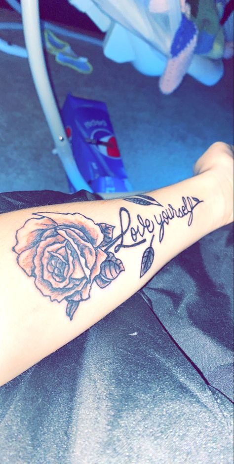 #rose #tattoo #loveyourself #love #yourself #rosetattoo #flower #flowertattoos Love Yourself Flower Tattoo, Love Yourself Rose Tattoo, Side Leg Tattoo, Yourself Tattoo, Tatto Sleeve, Rose Tattoo Stencil, Rose Tattoo Forearm, Love Yourself Tattoo, Forearm Tattoo Women