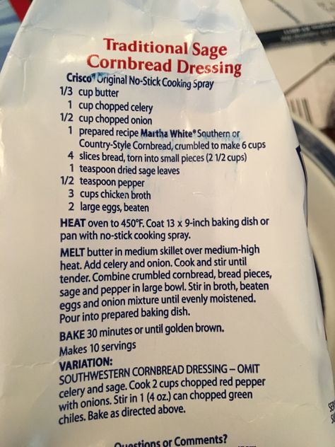 Martha White Dressing Recipe, Martha White Cornbread Dressing, Martha White Cornbread Dressing Recipe, Aunt Jemima Cornbread Dressing Recipe, Martha White Cornbread Recipe, White Cornbread Recipe, Sage Cornbread, White Cornbread, Dressing Stuffing