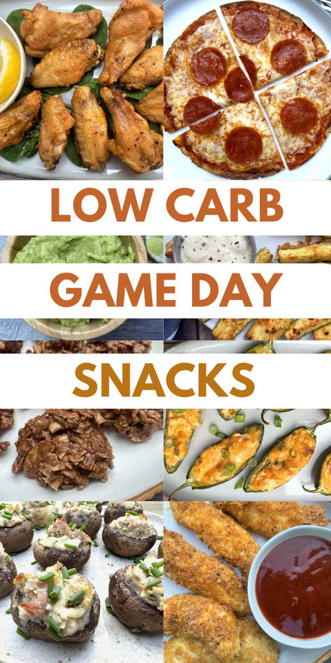 8 images of game day snacks including low carb pizza, chicken wings, chicken fingers, stuffed mushrooms and cookies. Low Carb Snacks For Party, High Protein Game Day Snacks, Low Carb Game Day Food, Low Carb Game Day Snacks, Low Carb Tailgate Food, Keto Football Snacks, Keto Tailgate Food, Healthy Game Day Food, Healthy Game Day Snacks