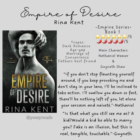 Dark Age-gap Romance Book review please give credit if repost Age Gap Books, Empire Of Desire, Age Gap Romance Books, Romance Books Worth Reading, 100 Books, Rina Kent, 100 Books To Read, Reading Tracker, Dark Romance Books