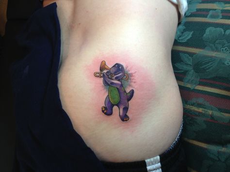 Barney the Purple Dinosaur tattoo Barney Tattoo, Music Tattoo Ideas, Barney The Dinosaur, Thigh Tattoo Designs, Dinosaur Tattoos, Sick Tattoo, Small Notes, Wild Tattoo, Original Tattoos