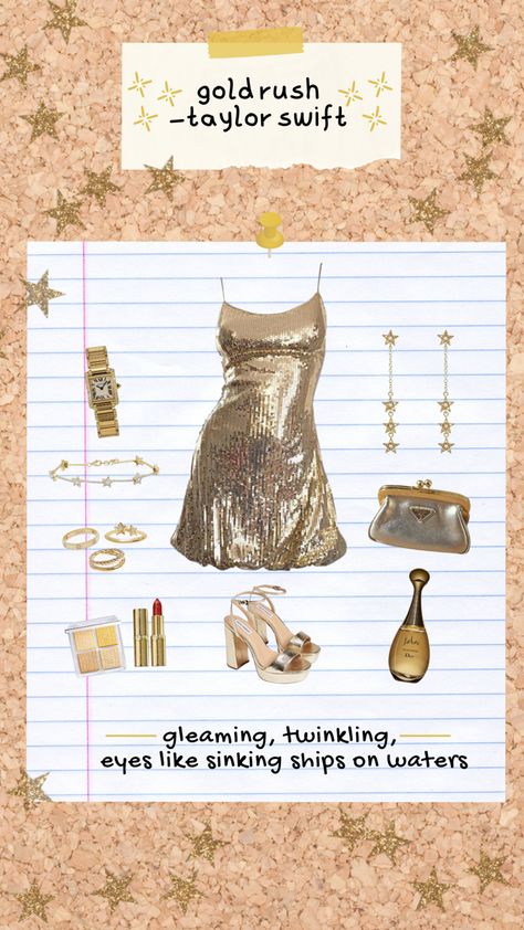 Gold Dress Taylor Swift, Taylor Swift Gold Outfit, Gold Rush Outfit Ideas, Taylor Swift Gold Rush Outfit, Champagne Problems Taylor Swift Outfit, Golden Era Outfit, Gold Rush Eras Tour Outfit, The Archer Taylor Swift Outfit, Taylor Swift Song Inspired Outfits