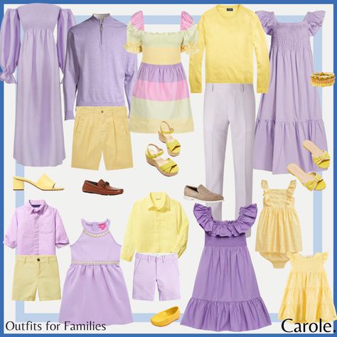 Lavender, lilac, canary, and daffodil - even the color names spell spring! Easter Family Color Combos, Lavender Matching Colors Outfit, Colors That Go With Lavender Outfits, Lavender And Yellow Outfit, Lilac And Yellow Outfit, Lilac Color Combinations Outfit, Throwback Thursday Outfits, Preppy Brunch, Purple Pants Outfit