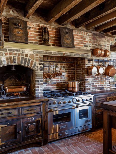 25 Cozy Farmhouse Kitchen Ideas for That Rustic Feel Wood Stove Oven Kitchen, Indoor Brick Oven, Brick Rustic House, Fireplace Kitchen Ideas, Brick Cottage Interior, Brick And Wood Kitchen, Brick Oven Kitchen, Brick Range Hood, Kitchen Fireplace Ideas