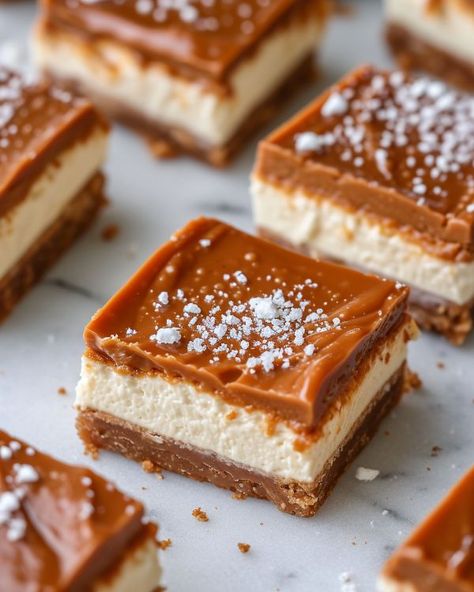 My father-in-law who doesn't eat much, ended up eating 3 of these bars at his first sitting! Caramel Cheesecake Bars, Rich Cheesecake, Salted Caramel Cheesecake, Cheesecake Bar Recipes, Sweet Bar, Make Ahead Desserts, Dessert Bar Recipe, Caramel Cheesecake, Cake Bars