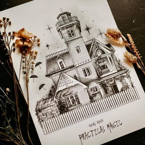 House Drawing Ideas, American Classic Tattoo, Practical Magic House, House Magic, Witchy House, Alice Hoffman, Magical House, Magic House, Magic Tattoo