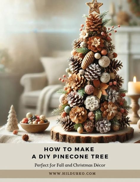 How to Make a DIY Pinecone Tree - Colorful Conversations: HildurKO's Visual Journal Pine Cones Christmas Crafts, Pinecone Christmas Decorations Diy, Xmas Pine Cone Decorations, Pinecone Christmas Trees Diy, Diy Pine Cone Christmas Decorations, Diy Fall Ornaments For Tree, Pinecone Tree Craft, Small Pinecone Crafts Ideas, Diy Pinecone Tree