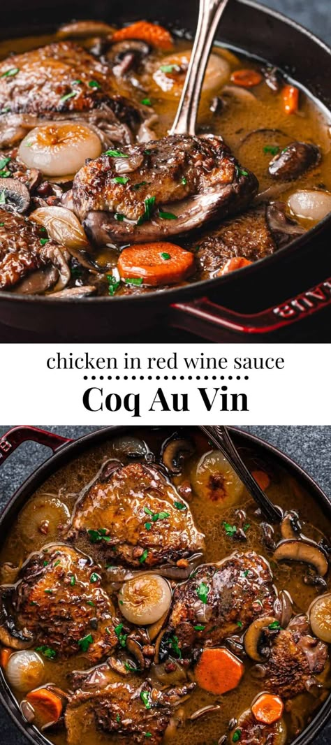 French Braised Chicken, Red Wine Recipes Cooking, Chicken In Wine Sauce, French Chicken Recipes, Red Wine Chicken, Coq Au Vin Recipe, French Chicken, Red Wine Recipe, Braised Chicken Thighs