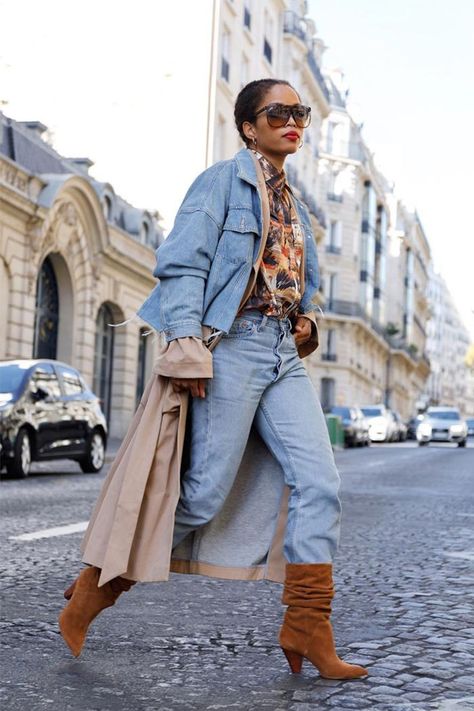 French Girls Wear These Classic Boots Year After Year Slouchy Boots Outfit, Suede Boots Outfit, Slouchy Suede Boots, Trending Winter Boots, Slouchy Boots, French Girl Style, Trending Boots, Double Denim, French Girls