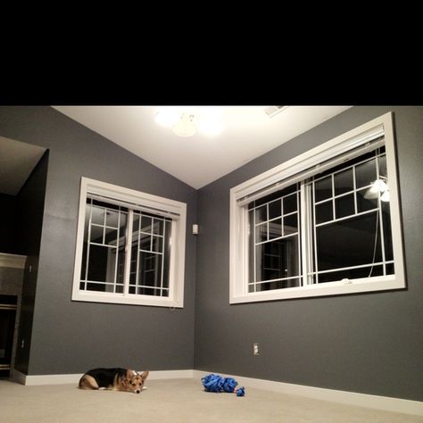 My newly painted dining area. Behr "dark ash" 770f-5D Behr Gray, Behr Paint Colors Grey, Apartment Therapy Living Room, Living Room Paint Color Ideas, Living Room Paint Color, Guest Bedroom Remodel, Kids Bedroom Remodel, Dream House Living Room, Paint Color Ideas