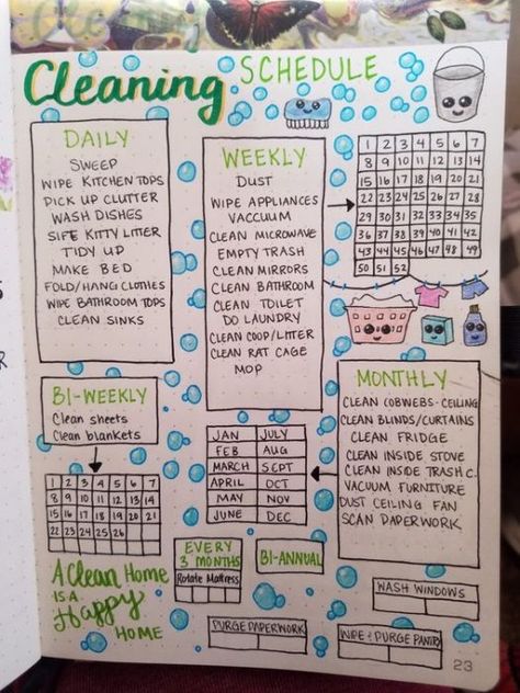 17 Bullet Journal Cleaning Pages and Layouts That Will Help You Win at Spring Cleaning and Beyond - Filling Out Planner Ideas, How To Fill Up Your Journal, Creating A Schedule For Yourself, Organization Journal Ideas, Journaling Schedule Ideas, Happy Planner Tracker Ideas, Work Schedule Bullet Journal, Diy Schedule Planner, Health And Cleanliness Project