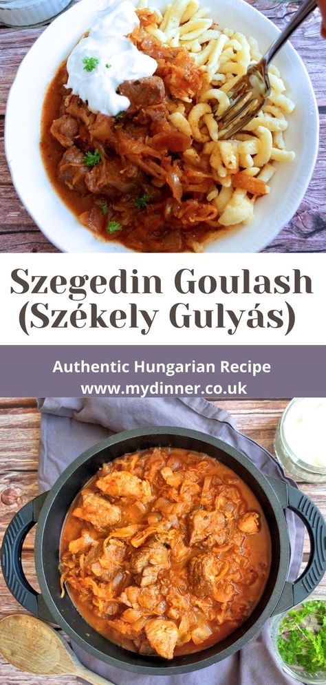 A plate with szegedin goulash with spaetzle on a wooden background. On top of the goulash there is a dollop of sour cream. At the bottom there is a saucepan fill of goulash on a blue kitchen towel. Pork And Sauerkraut Recipe, Pork Goulash, Pork And Sauerkraut, Hungarian Goulash, Hungarian Paprika, Eastern European Recipes, Sauerkraut Recipes, Pork Stew, Goulash Recipes