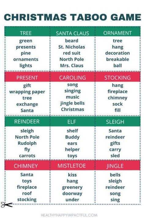 Christmas-themed word association game chart featuring categories: tree, Santa Claus, ornament, present, caroling, stocking, reindeer, elf, sleigh, chimney, mistletoe, and jingle. Christmas Guessing Games For Adults, Christmas Word Games For Adults, Christmas Card Games For Family, Christmas Taboo Printable Free, Christmas Guessing Games, Christmas Games For Adults Holiday Parties, Christmas Word Games, Guess The Word Game, Christmas Elf Names