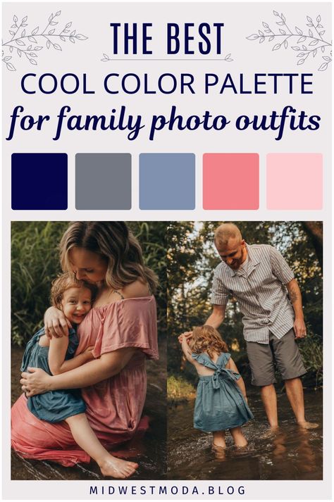 Looking for outdoor family photoshoot ideas? In this post, we share outfits ideas and a gorgeous color palette with blush pink, navy blue, & neutral gray. Get inspired by our adorable family poses with kids and see how much fun we had during our creek family photoshoot today at midwestmoda.blog. Navy Family Pictures, Picture Color Schemes, Outdoor Family Photoshoot, Family Photo Colors, Fall Color Schemes, Summer Family Photos, Cool Color Palette, Outdoor Family Photos, Fall Family Pictures