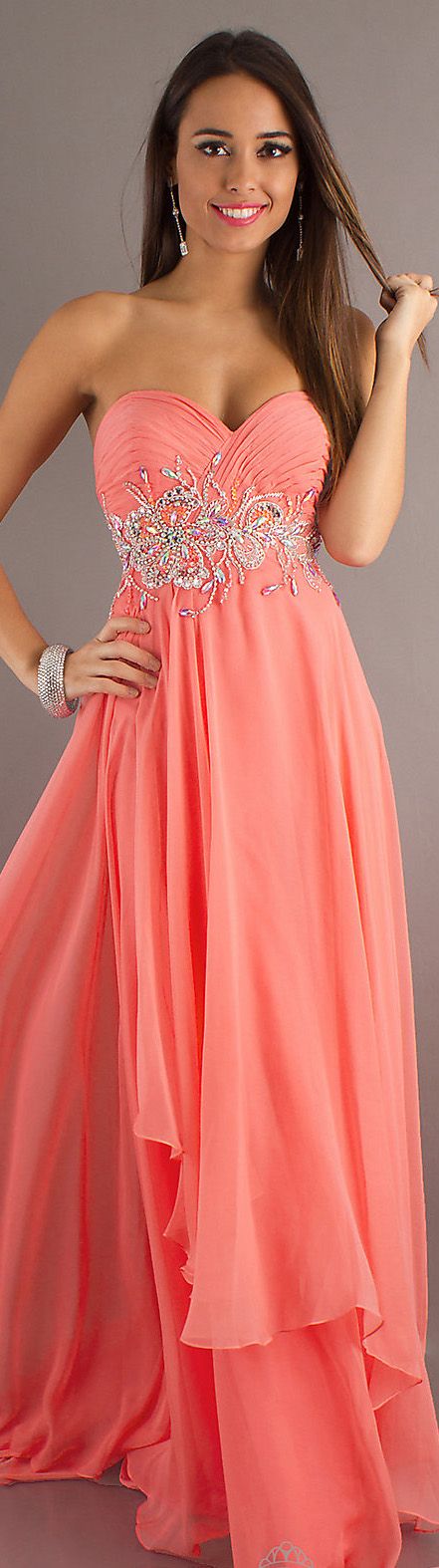 Formal long dress #coral #strapless Coral Prom Dresses, Coral Long Dress, Coral Dresses, Coral Prom Dress, Grad Dresses Long, Purple Homecoming Dress, Coral Bridesmaid Dresses, Robes D'occasion, Strapless Prom Dress