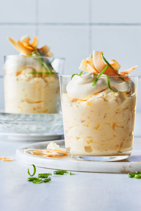 This beloved mousse-like dessert will transport your tastebuds to paradise with its divine pineapple-mango flavour and crunchy coconut topping. Pineapple Mousse, Jelly Crystals, Mini Dessert, Mango Flavor, Buying Groceries, Mini Desserts, Decadent Desserts, Sweet Treats, Pineapple