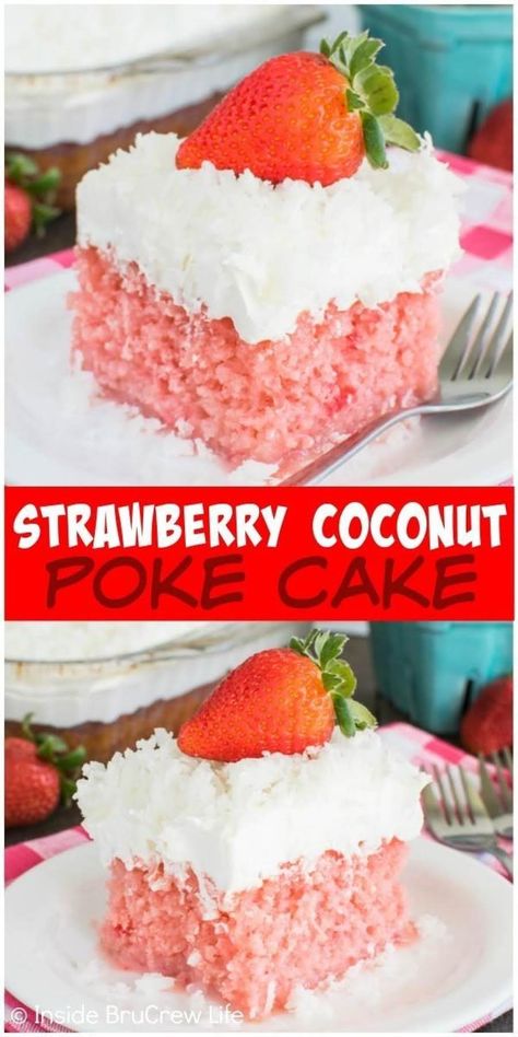 Obtained online. http://insidebrucrewlife.com/2016/02/strawberry-coconut-poke-cake/ Strawberry Coconut Cake, Coconut Poke Cake, Cake Poke, Strawberry Poke Cake, Coconut Poke Cakes, Strawberry Poke Cakes, Poke Recipe, Cake Coconut, Fresh Whipped Cream