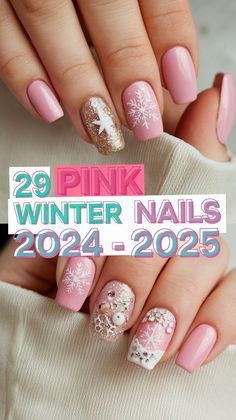 Pink Snow Flakes Nails, Pink Snowflakes Nails, Pink Ice Nails, Pink Nails Holiday, Pink Glitter Snowflake Nails, Light Pink Snowflake Nails, Winter Nail Designs Pink, Pink Holiday Nails Short, Pink Holiday Nails Winter