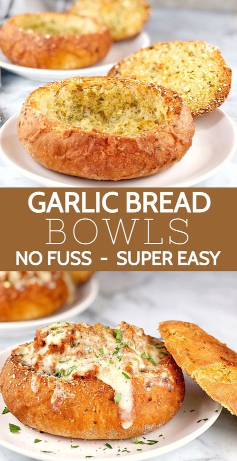 Bread Bowl Recipe - the easy way! Turn store-bought bread rolls, into crunchy garlic bread bowls! This easy recipe will show you how to make a bread bowl, and not just any bread bowl - garlic bread bowls! #chefnotrequired #breadbowls #garlicbread #quickrecipes Bread Bowl Soup, Savoury Scones, Crunchy Garlic, Homemade Bread Bowls, Bread Bowl Recipe, Savory Breads, Make Garlic Bread, Ladies Luncheon, Yum Recipes