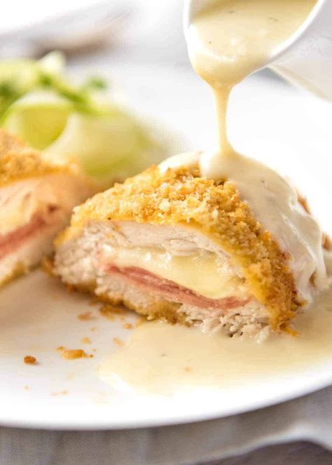 My EASY Chicken Cordon Bleu recipe. All the flavour, all the crunch, healthier and far easier! Served with an incredible Dijon cream sauce. Poulet Tikka Masala, Dijon Cream Sauce, Easy Chicken Cordon Bleu, Cordon Bleu Recipe, Chicken Cordon Bleu Recipe, Mapo Tofu, Doner Kebab, Recipetin Eats, Chicken Cordon