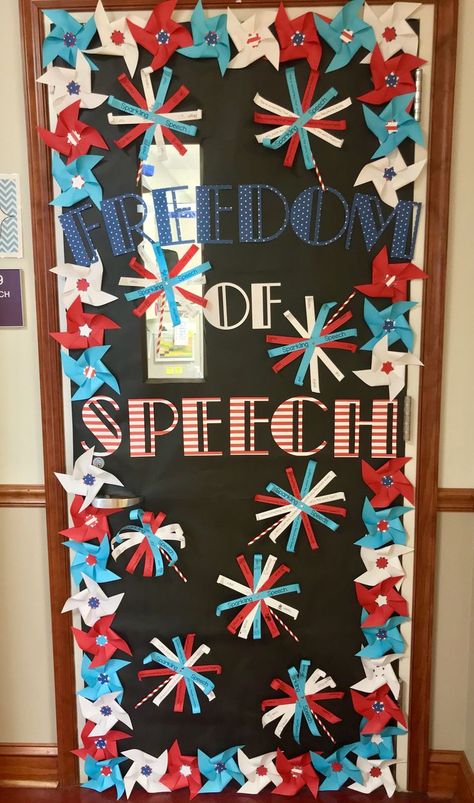 Fourth Of July Bulletin Board, July Bulletin Board Ideas, 4th Of July Bulletin Board, High School Door, July Bulletin Board, Patriotic Classroom Theme, Preschool Playroom, Speech Room Decor, Patriotic Door Decorations