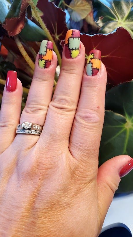 Fall patchwork nails Fall Patchwork Nails, Patchwork Nails, Fall Patchwork, Acrylic Ideas, Fall Sewing, Work Nails, Cute Makeup Looks, Patch Design, Fall Nails