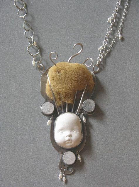 Brain Like A Sponge Doll Head Necklace by ... | Wicked jewelry Disaster Design, Jewelry Assemblage, Interesting Objects, Assemblage Art Dolls, Altered Art Jewelry, Broken Doll, Frozen Charlotte, Fish Jewelry, Head Necklace