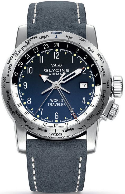 Glycine Watch Airman World Traveler #basel-15 #bezel-unidirectional…  Visit us at LbeMe.com for discount savings on watches and other accessories.  #shoplbeme #lbeme #likeitbuyitwearit #saveourtops Glycine Watch, Glycine Airman, Watch Packaging, Tic Toc, Wrist Wear, Mens Luxury, Mellow Yellow, World Traveler, Breitling Watch