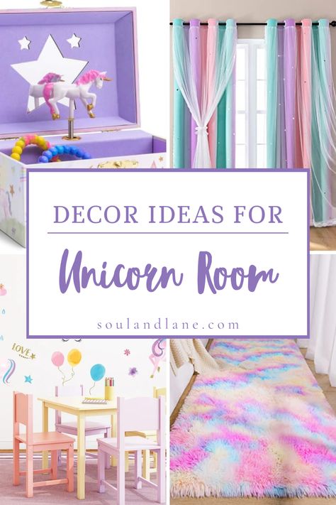 Envision walls painted in soft pastels or adorned with glittering wallpapers that shimmer like fairy dust. Incorporate a rainbow of colors through bedding, curtains, and plush carpets that mimic the mystical aura of a unicorn's mane. Hang whimsical lights or lanterns that cast a gentle, enchanting glow, and scatter plush unicorn toys and pillows for a touch of whimsy. Accentuate with wall decals of unicorns, castles, and rainbows to complete the fantasy. These ideas promise to turn your space in Glittering Wallpapers, Unicorn Room Decor Kids Girls Bedroom, Toddler Unicorn Room, Unicorn Themed Bedroom Decorating Ideas, Girls Unicorn Bedroom Ideas, Kids Unicorn Bedroom, Unicorn Bedroom Ideas Kid Rooms, Unicorn And Rainbow Bedroom, Unicorn Theme Room