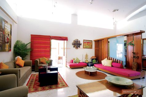 A beautiful subtle yet colourful theme is the core idea of this home. Bright colours, cane furniture, natural beauty, it has everything one wished to have in a Baithak Living Rooms, Bhartiya Baithak, Nature Living Room, Indian Interior Design, Nature Living, Indian Living Room, Indian Room Decor, Indian Living Rooms, Indian Interiors