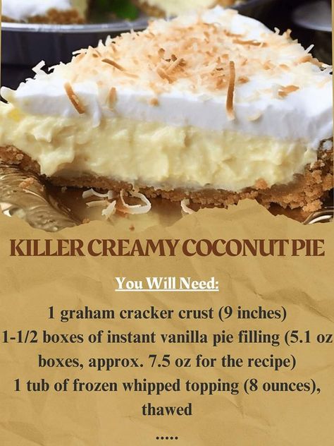 Recipe Today - Killer Creamy Coconut Pie Ingredients: 1 graham cracker crust (9 inches) 1-1/2 boxes of instant vanilla pie filling (5.1 oz boxes, approx. 7.5 oz for the recipe) 1 tub of frozen whipped topping (8 ounces), thawed 1 can of sweetened condensed milk (14 ounces) 1 can of cream of coconut (15 ounces) 1 cup shredded sweetened coconut Instructions: In a large mixing bowl, prepare the instant vanilla pie filling according to the package instructions for a pie filling (you may need to adjust the amounts if the package instructions differ from the recipe's requirements). Add the thawed frozen whipped topping, sweetened condensed milk, and cream of coconut to the prepared vanilla pie filling. Stir or gently fold them together until well combined. Add 1 cup of shredded sweetened cocon Killer Creamy Coconut Pie, Coconut Cream Pie Dessert, Creamy Coconut Pie, Vanilla Pie Filling, Vanilla Pie, Best Coconut Cream Pie, Coconut Cream Pie Recipes, Just Pies, Coconut Dessert