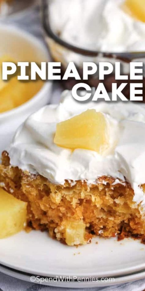 Homemade Pineapple Cake is so easy to make, and only uses 5 ingredients. Bake this cake in less than 30 minutes for a quick, tasty dessert! #spendwithpennies #pineapplecake #recipe #dessert #easy #homemade Easy Pineapple Cake, Pineapple Cake Recipe, Apple Cakes, Yummy Desserts Easy, Tasty Dessert, Cream Cheese Pound Cake, Spend With Pennies, Banana Cake Recipe, Pineapple Recipes