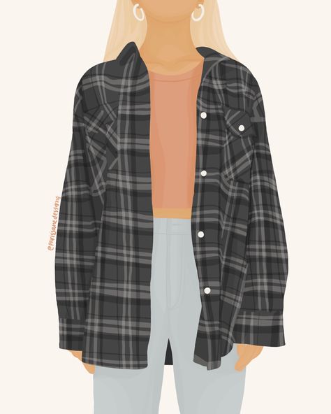 Making A Character, Girl Illustration Art, Animated Outfits, Checked Shirt Women, Cafe Pictures, Plaid Shirt Outfits, Clothes Illustration, Baggy Dresses, Baggy Shirt