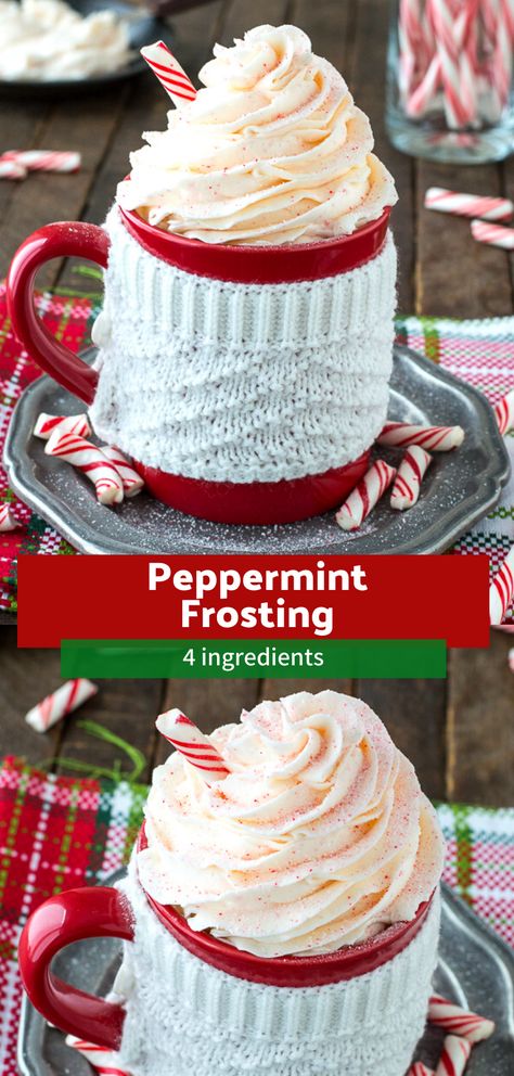 Easy 4 ingredient peppermint buttercream frosting with crushed candy canes! #peppermintfrosting Candy Cane Buttercream Frosting, Candy Cane Frosting, Peppermint Frosting Recipe, Peppermint Icing Recipe, Peppermint Whipped Cream Frosting, Peppermint Cream Cheese Frosting, Peppermint Buttercream Frosting Recipe, Peppermint Buttercream Frosting, Peppermint Icing