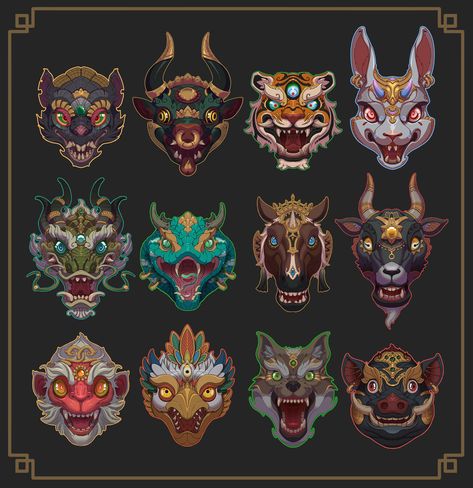 Animal Mask Drawing, Chinese Dragon Mask, Mask Reference, Chinese Zodiac Tattoo, Horoscope Symbols, Zodiac Characters, Art Chinois, In A Rut, Chinese Astrology