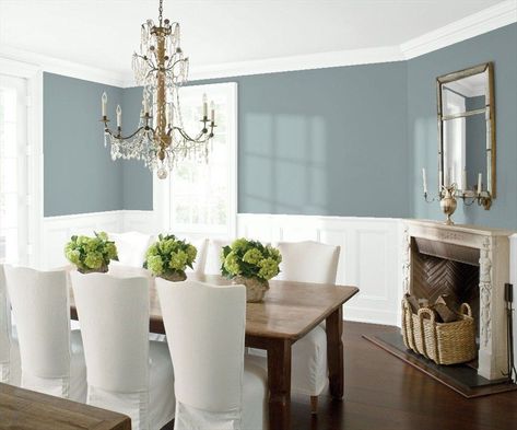 Dining Room 2 | Benjamin Moore Cloudy Sky #ChairRail Quiet Moments Benjamin Moore, Dining Room Wainscoting, Wainscoting Styles, Dining Room Paint Colors, Blue Green Paints, Diy Wainscoting, Color Combinations Paint, Dining Room Paint, Welsh Dresser