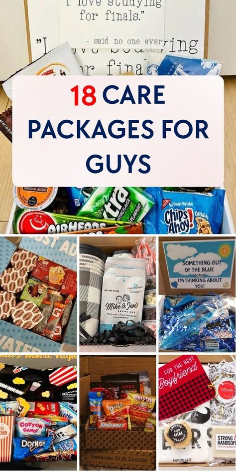 18 Care Packages for Guys College Survival Kit Gift For Guys, Bf Care Package Gift Ideas, College Goody Bags, Things To Put In A Care Package, Valentine’s Day Care Package College, Care Package Party, Valentines Day College Care Package, College Care Package For Guys, Themed Care Package Ideas