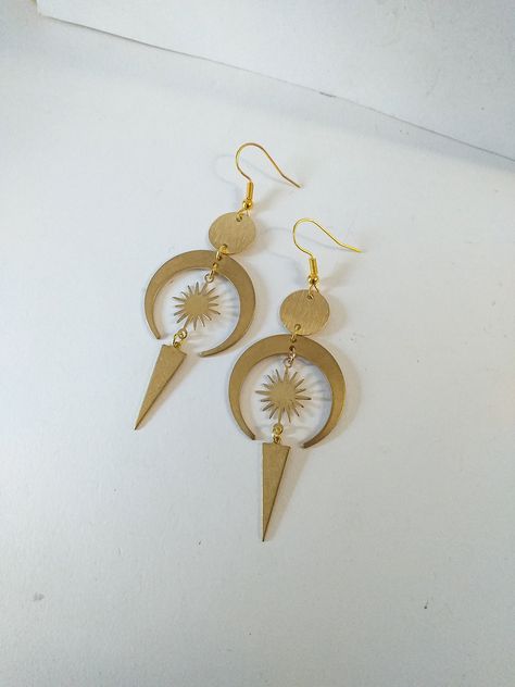 Gold Bohemian Earrings, Infinite Jewelry, Mystical Earrings, Moon And Sun Earrings, Crescent Moon And Sun, Alchemy Gothic Jewelry, Wiccan Earrings, Sun And Moon Earrings, Gothic Cottagecore