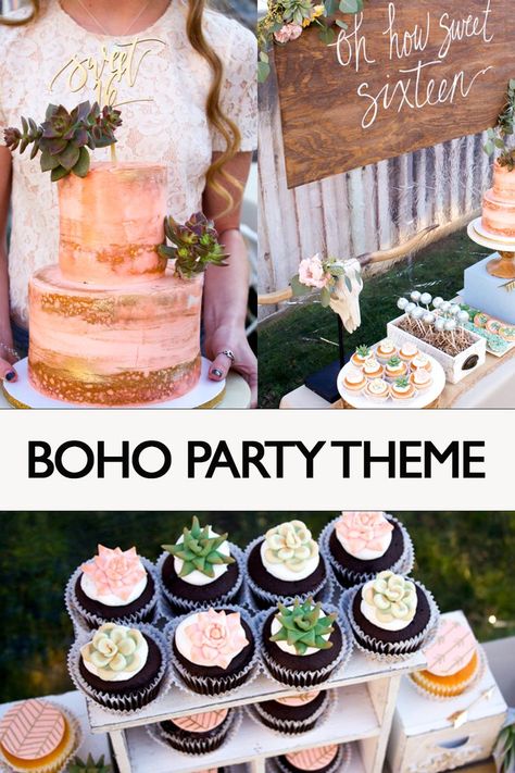 Boho Succulent Birthday Party, Sweet Sixteen Boho Theme, Boho Style Cake Birthday, Diy Boho Cake, Boho 18th Birthday Party, Boho Chic Sweet 16 Party Ideas, Boho 13th Birthday Party Ideas, Succulent Birthday Party Ideas, Sweet 16 Boho Party Ideas